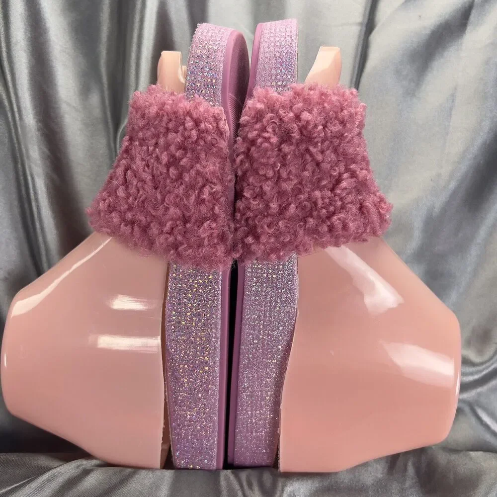 Steve Madden Girls‎ Size 4 Slides Pink Fuzzy Sandals Glitter Sparkles Hearts